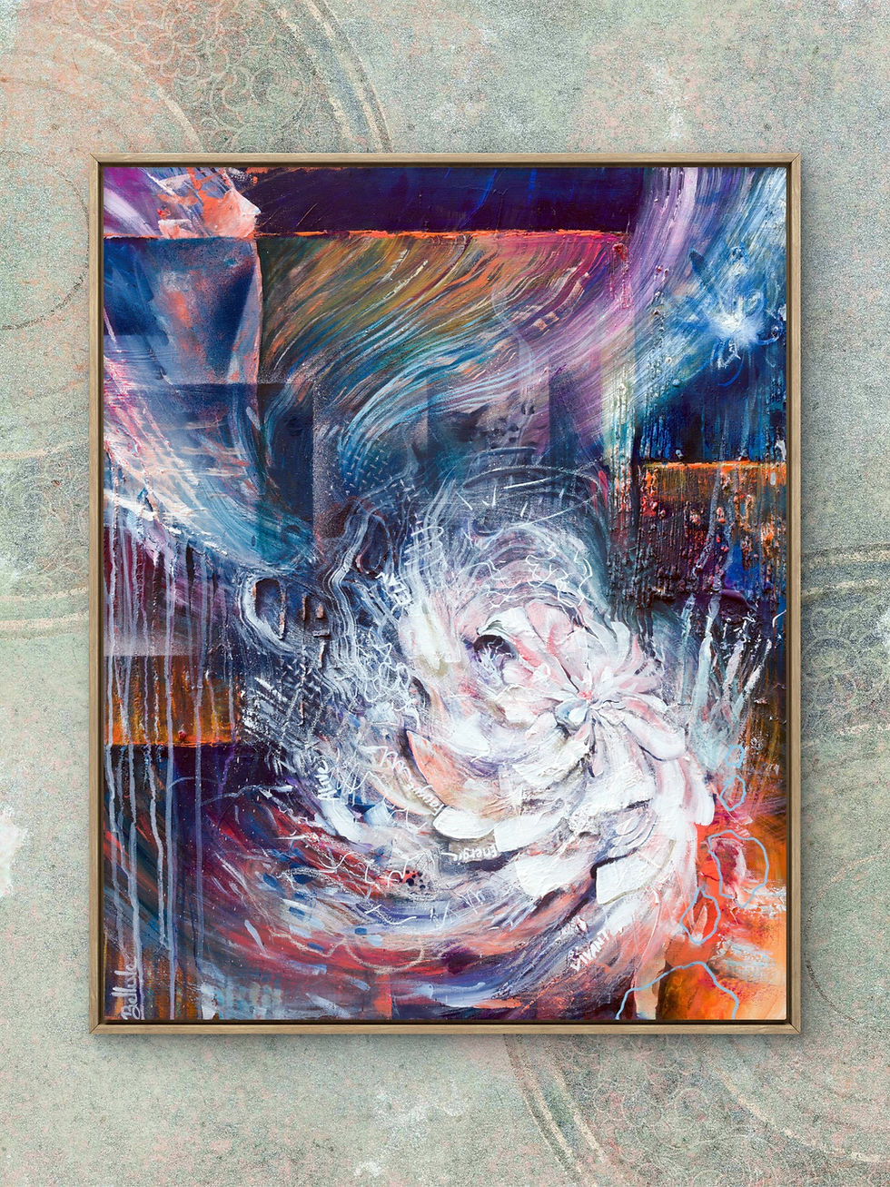 Miniature : Tableau “Alive” encadré – peinture contemporaine abstraite Bellule Art, fleur blanche et mouvements de matière bleu/violet/or