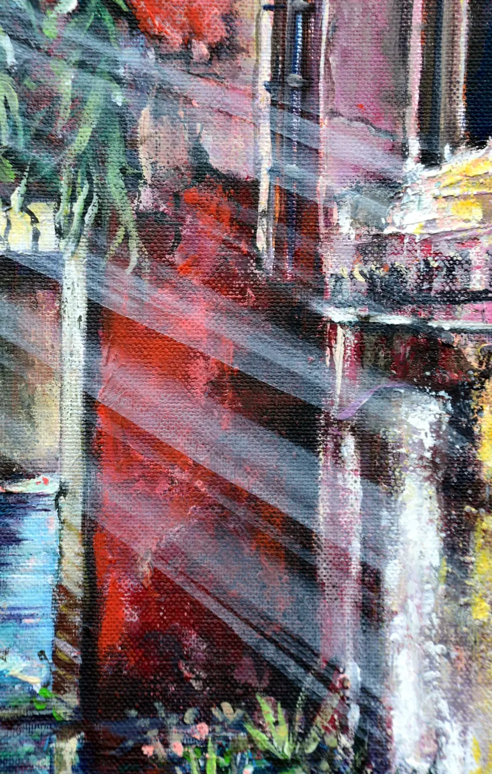 Miniature : Peinture figurative contemporaine, mur rouge et rayons de lumière par Bellule Art