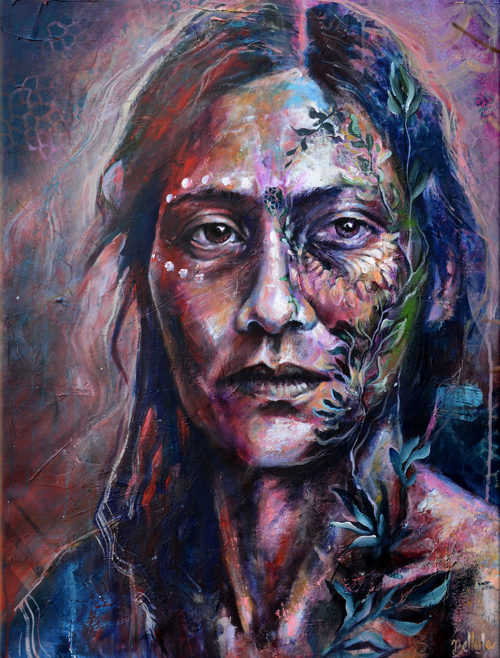 Peinture contemporaine “Éclosion d’Être” – portrait féminin expressif, fusion humain et nature, œuvre originale de Bellule Ar