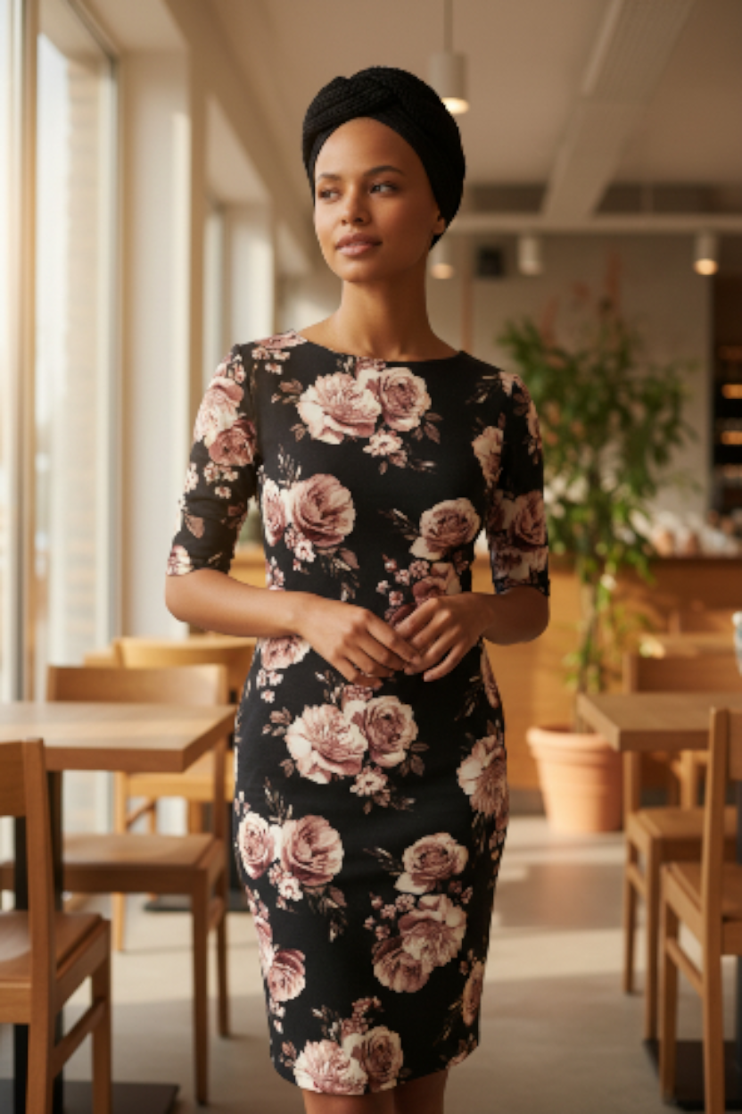 Black Floral Women Midi Dress