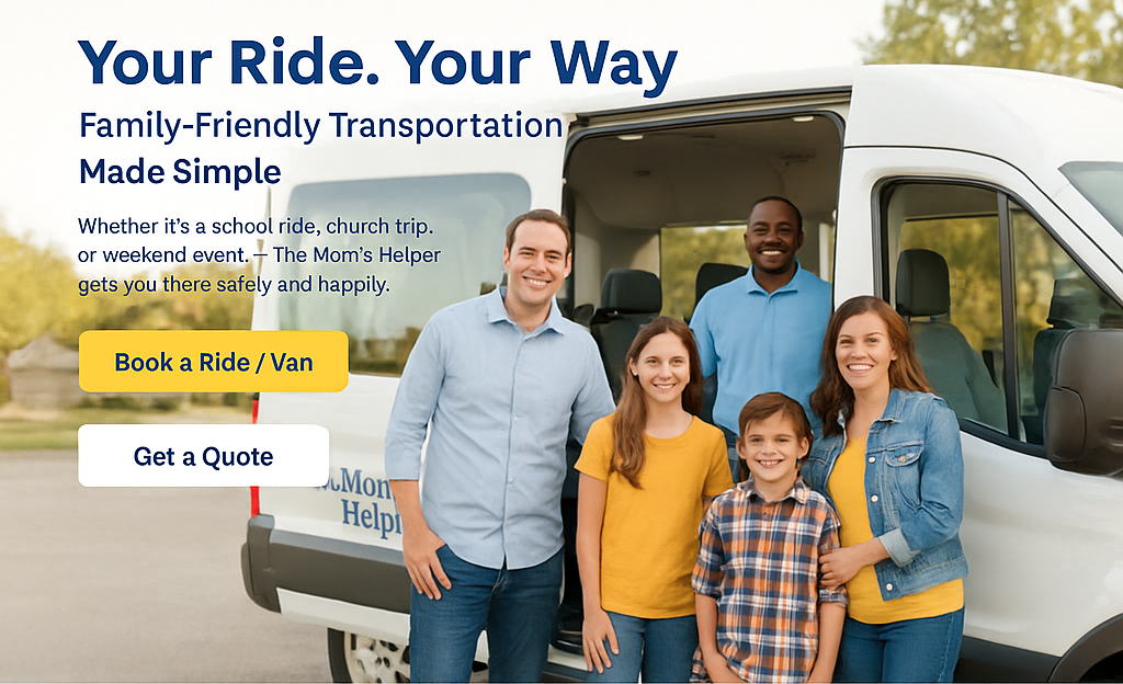 Family standing beside The Mom’s Helper LLC van, representing safe, reliable school and group transportation across DFW.