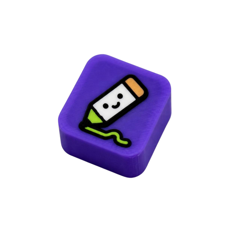 Purple 3D-printed keycap with a smiling pencil icon, for the Design step