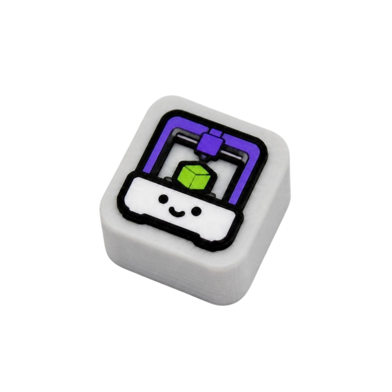 Light grey 3D-printed keycap with a smiling 3D printer icon, for the Print step