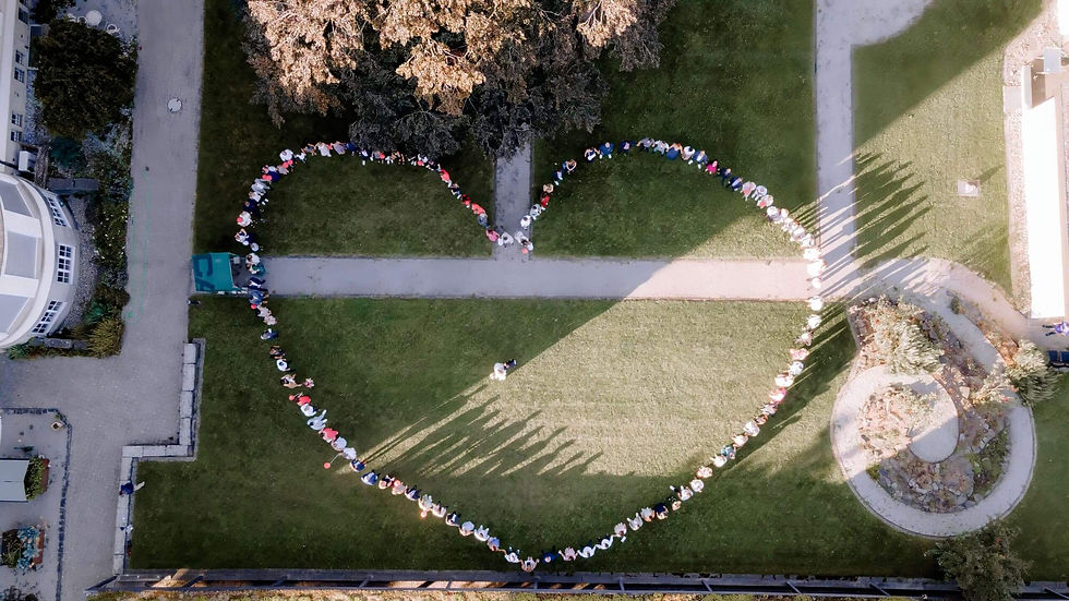 Luftaufnahme einer Menschenmenge, die ein Herz auf einer grünen Wiese bildet. Schattenspiel und helle Kleidung erzeugen eine fröhliche Stimmung.