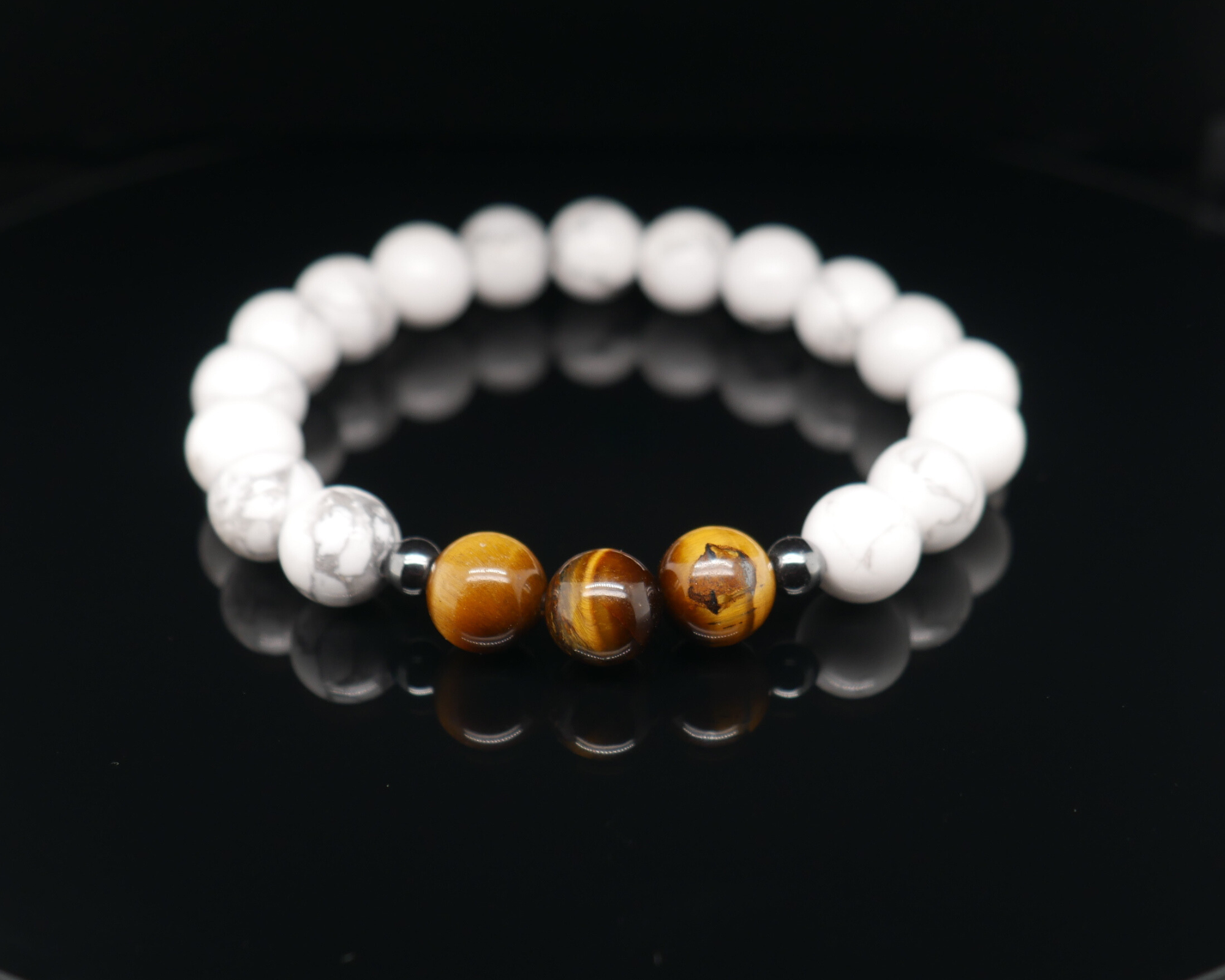 Bracelet "Shiva" ONDE POSITIVE Howlite blanche et oeil du tigre