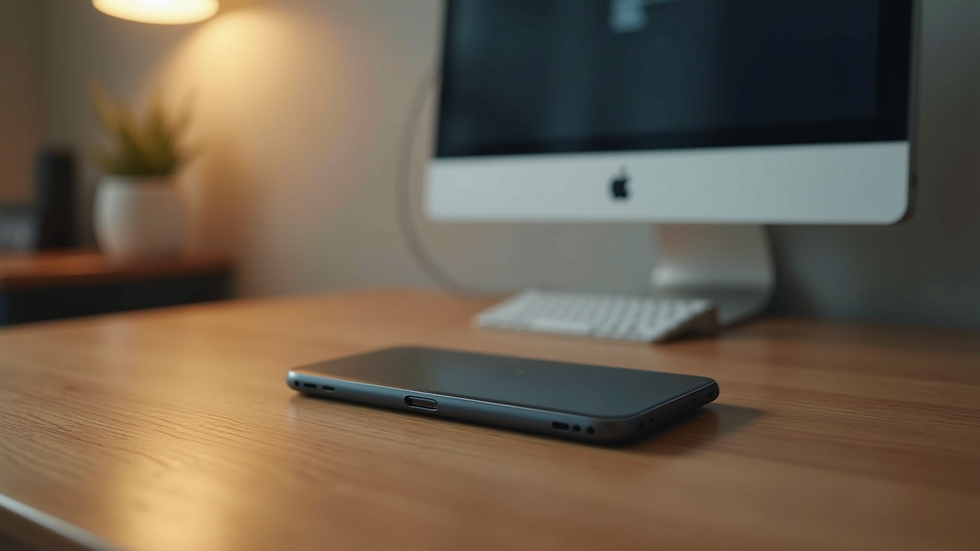 Eye-level view of a modern communication device on a wooden table
