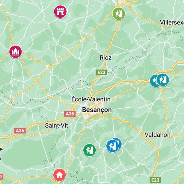 Map of climbing sites that have been climbed in the Jura Mountains