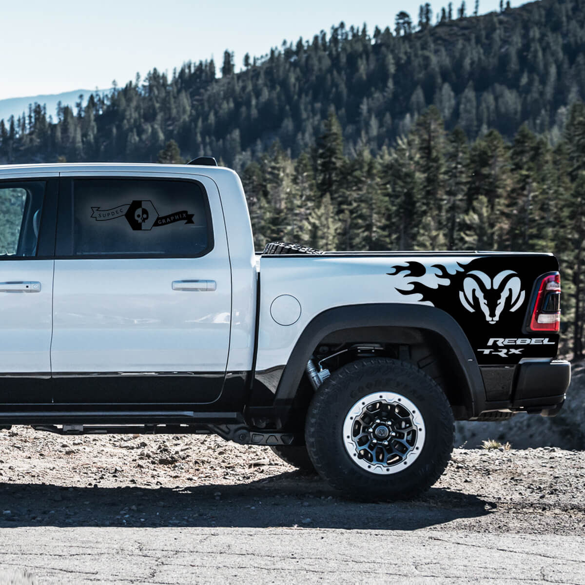 Dodge Rebel TRX Ram Head Truck Bed Flame Stripes Decal Sticker 6