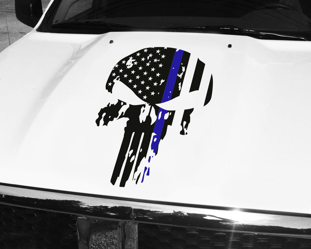 Jeep Wrangler Gladiator Thin Blue Line Punisher Hood Decal Sticker 67