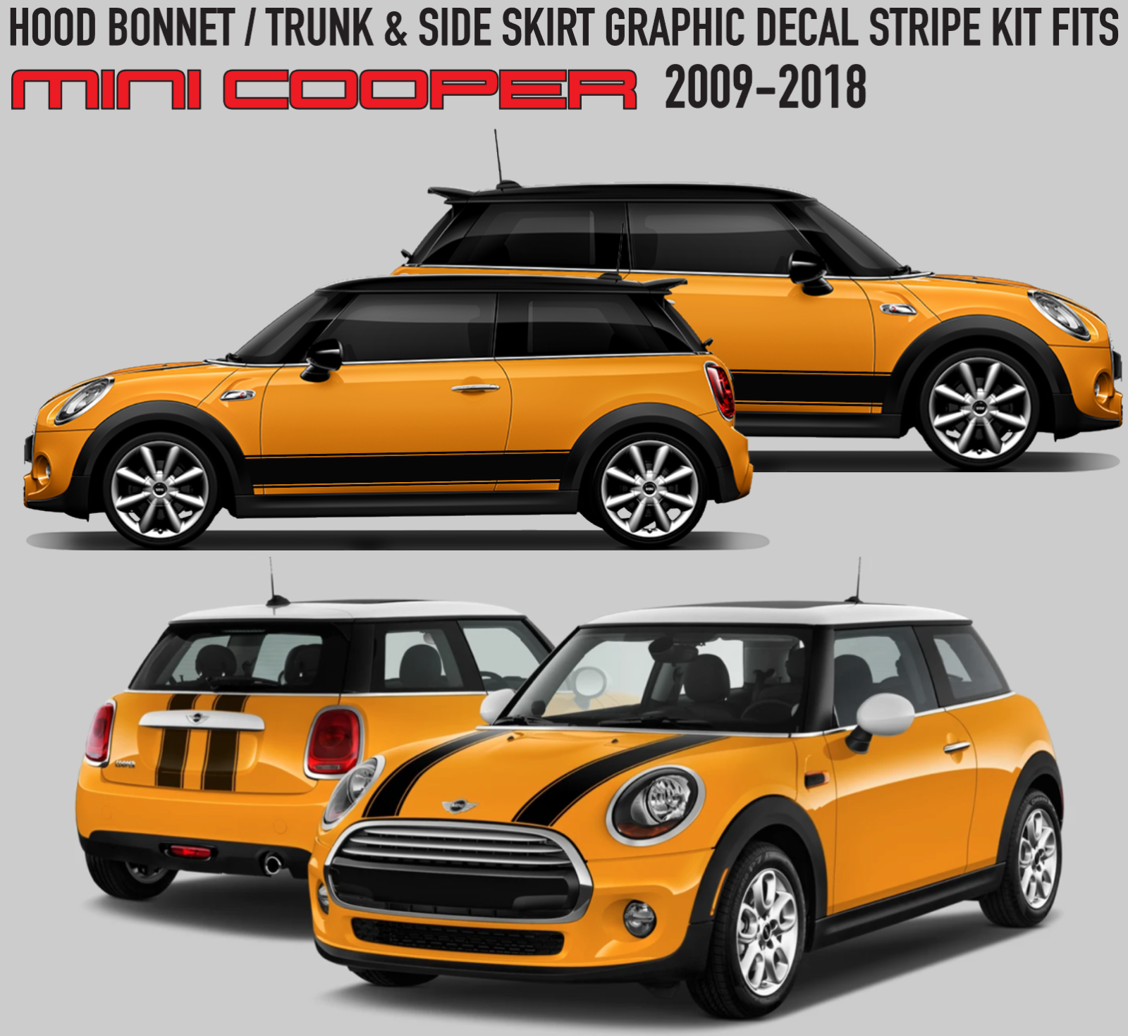 Hood Bonnet/Trunk & Side Skirts Decal Stripe Kit FITS Mini Cooper 2009-2018