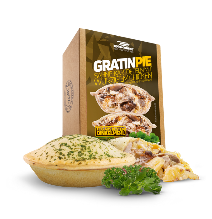 Gratin Pie Benton and Horris Kartoffelgratin cremig Pie gefüllte Teigtasche Dinkelteig Snack Fingerfood Catering Foodtruck Deutschland Pie kaufen
