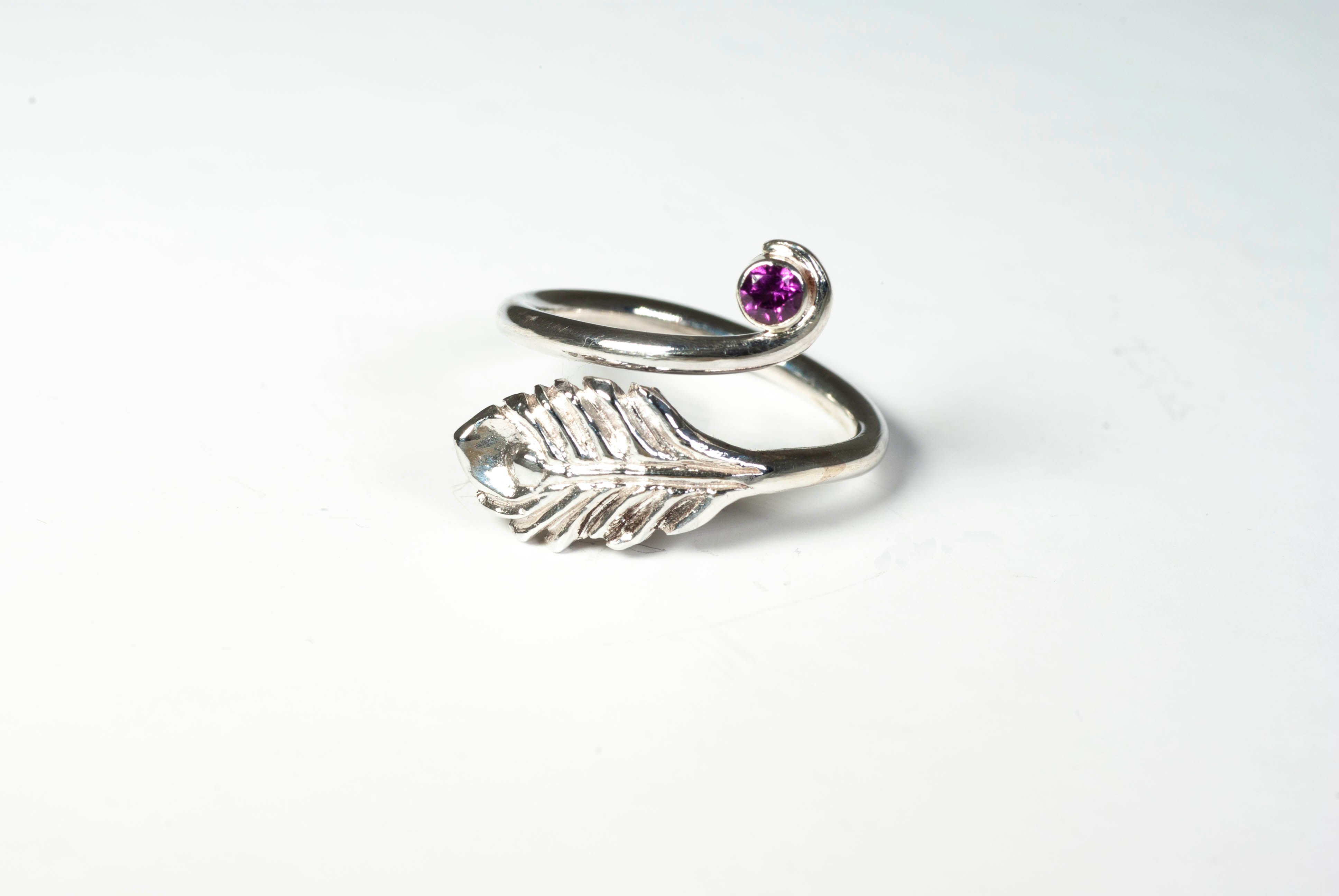 Peacock Feather Ring with Rhodolite Garnet