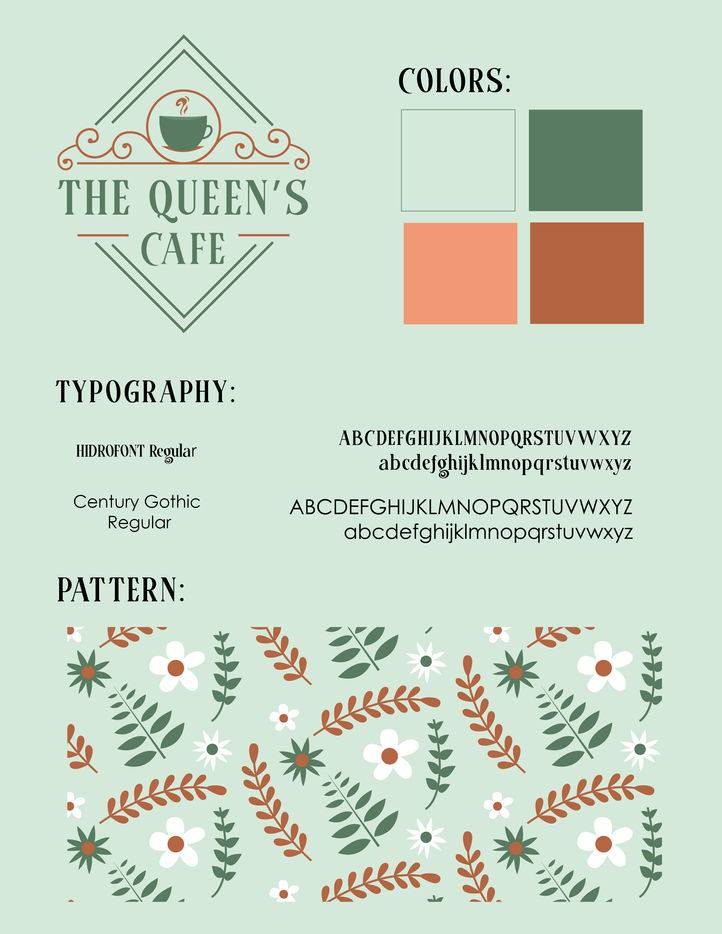 The Queen's Cafe brand guide with logo, colors, and fonts