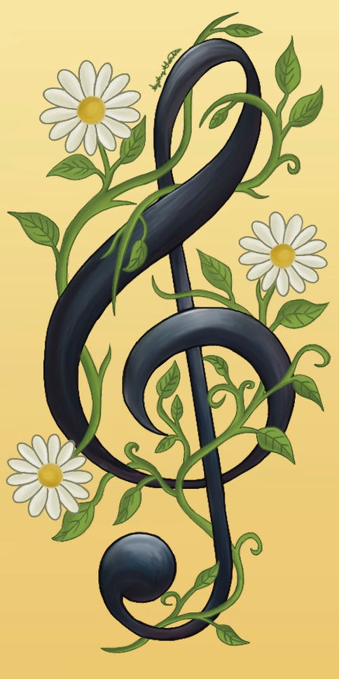 Treble clef entwined with daisies and green vines