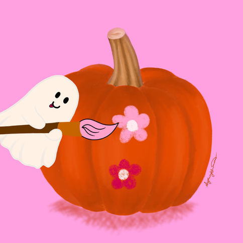 Small ghost painting pink flowers on an orange pumpkin.