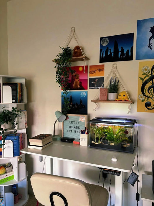 Home office desk with fish tank and wall art