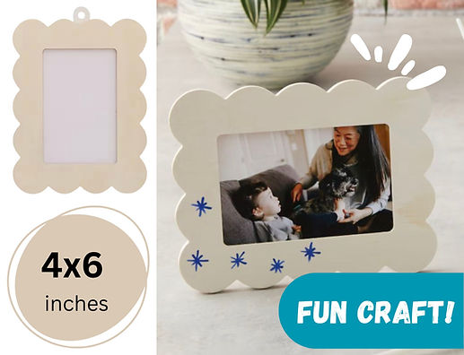 Wooden picture frame with scallop edges.