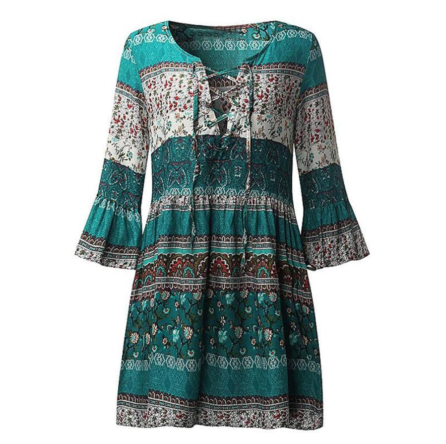 Thumbnail: Boho Floral Print Three Quarter Sleeve Ladies Party Dress