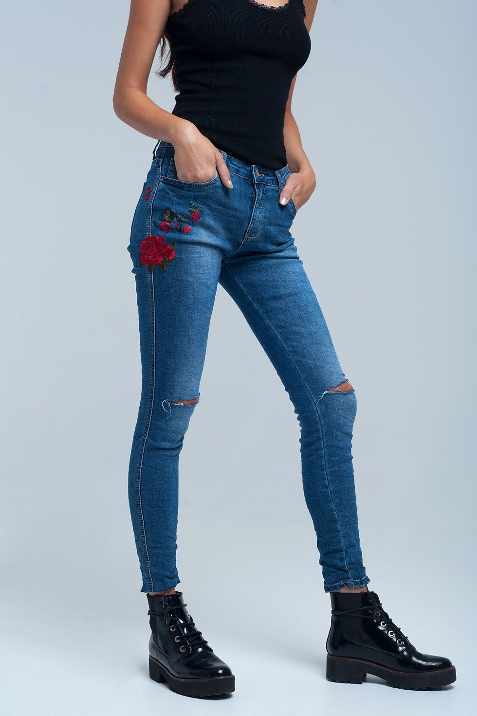 Thumbnail: Soft Denim Skinny Jean with Embroidered Detail