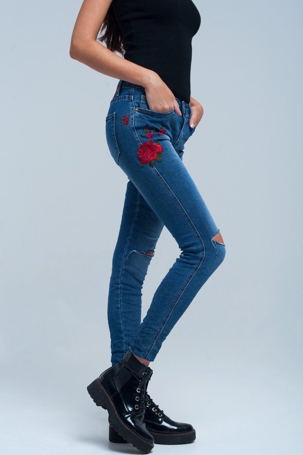 Soft Denim Skinny Jean with Embroidered Detail