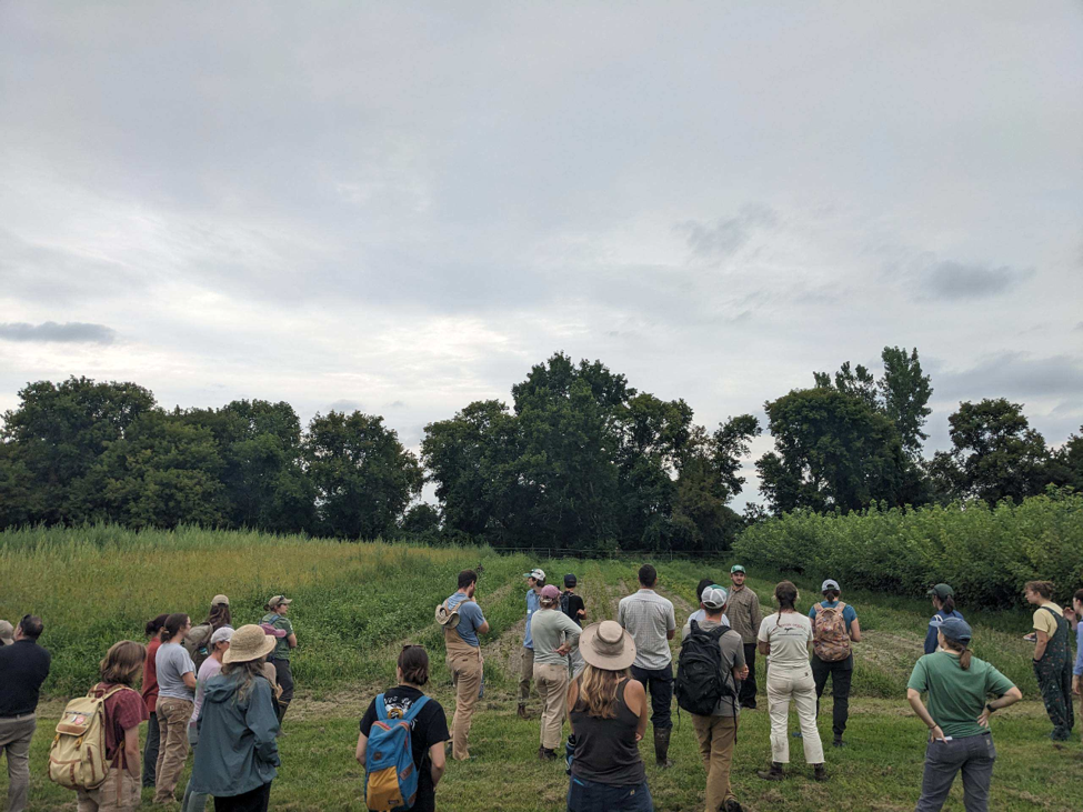 Ben Rodgers shows participants the plots where seedlings are grown at the Intervale Center.