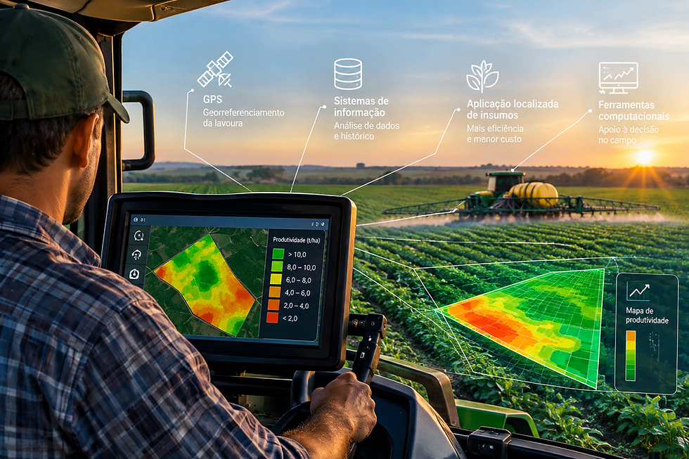 Tecnologia e agricultura: sistemas de GPS, mapas de produtividade e computadores passaram a integrar ferramentas utilizadas para orientar decisões e tornar mais precisa a aplicação de insumos no campo. Foto: Ilustração gerada por inteligência artificial/ChatGPT, 2026.