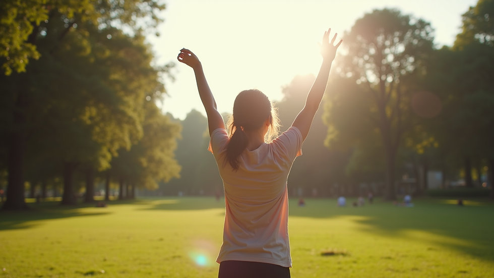 Eye-level view of a person stretching arms in a sunny park