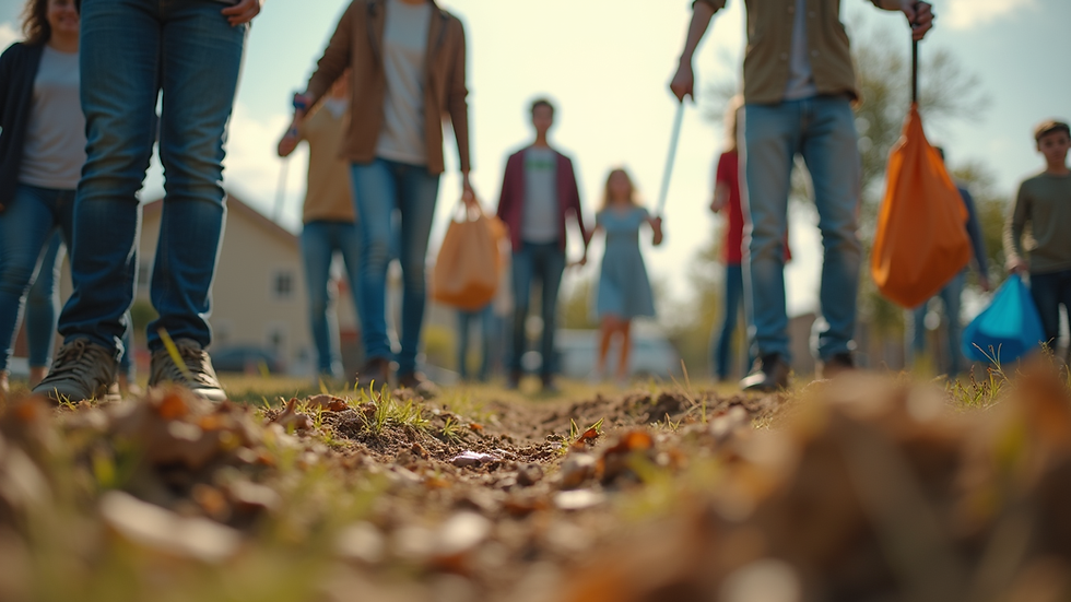 Eye-level view of a group of young people participating in a community clean-up event