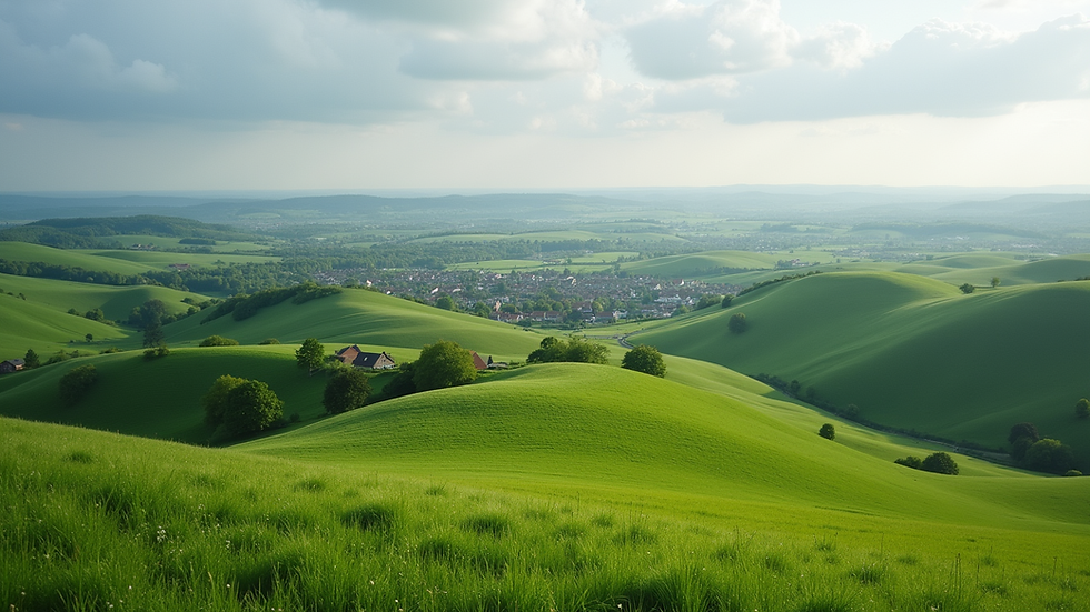 Wide angle view of rolling green hills and a small village in Zuid-Limburg