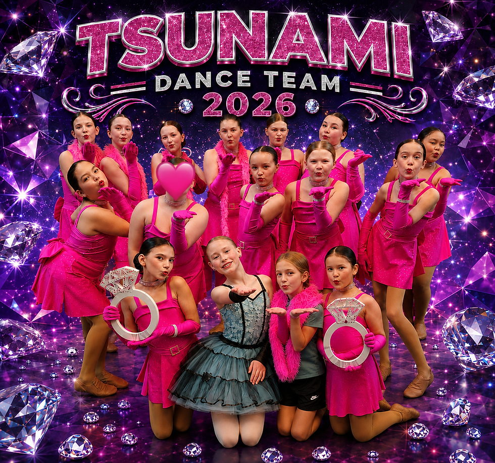 Group photo of the Tsunami Dance Team 2026 in bright pink costumes on a sparkling purple diamond background, landscape