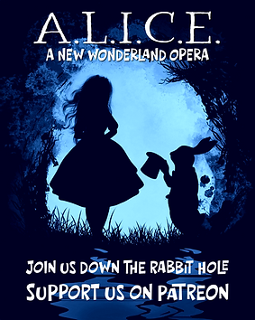 Alice in Wonderland Opera image of Alice and the White Rabbit in silhouette to introduce the Alice Opera Patreon page