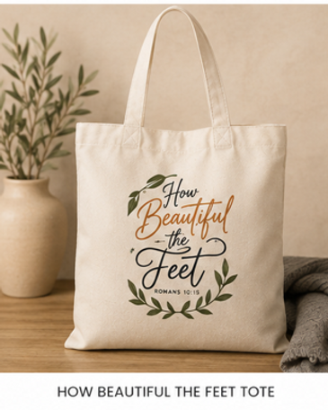 How Beautiful The Feet Tote — natural canvas tote with 'How Beautiful the Feet, Romans 10:15' script and laurel design