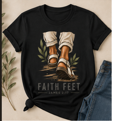Custom apparel — a black Faith Feet tee