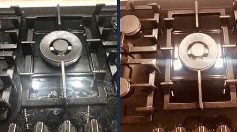 Kitchen before and after deep cleaning showing restored worktops and appliances.