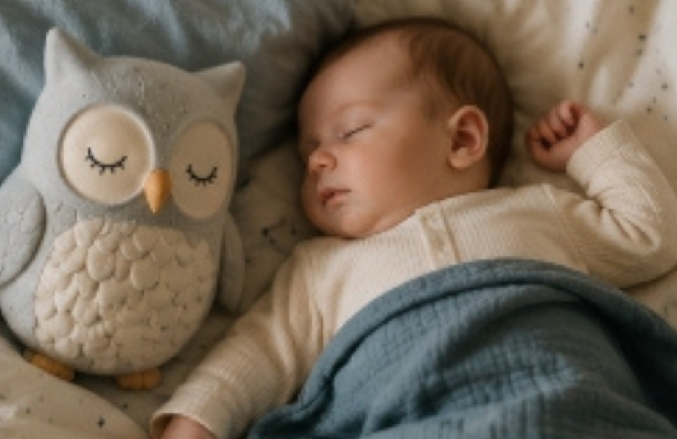 Sleeping baby beside a soft owl toy representing peaceful sleep support