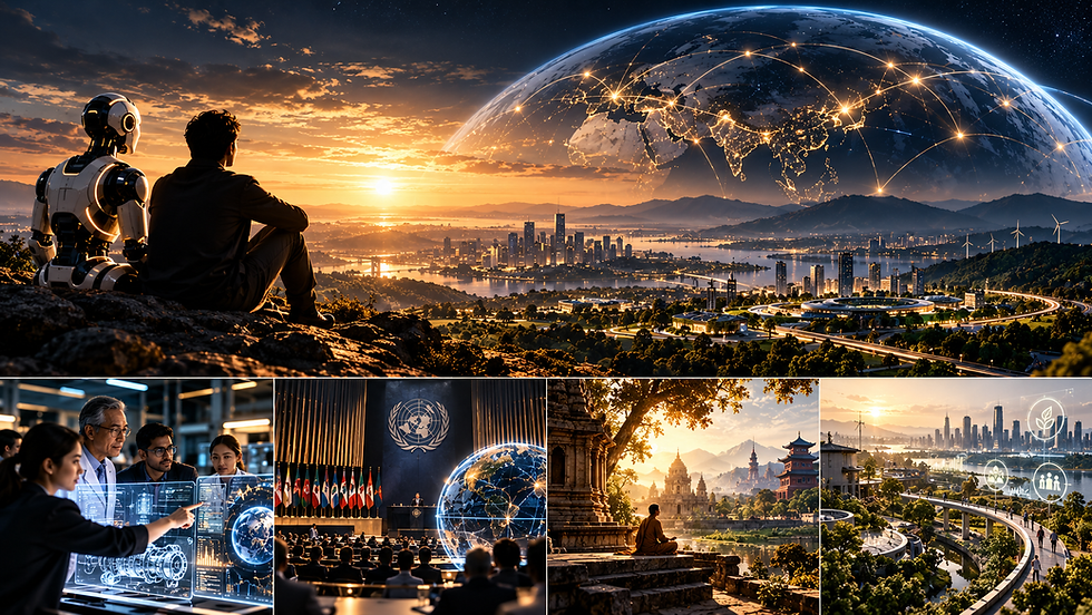 Collage of human-machine collaboration, expert/institutional governance, civilizational knowledge, and long-term sustainable infrastructure.