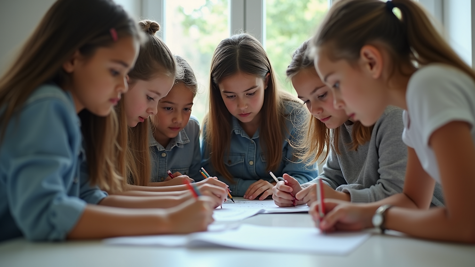 Eye-level view of a group of girls engaged in a collaborative project