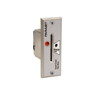 Brushed stainless steel insert card reader with LED indicator and engraved directional graphics for use in secure entry and ATM vestibules.