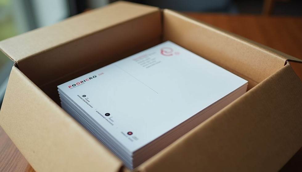 Delivery box opened showing freshly printed postcards ready for distribution