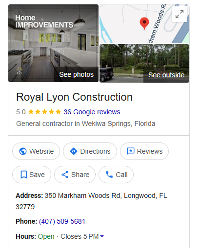 Google reviews and ratings for licensed contractor in Orlando Florida — 5.0 star example