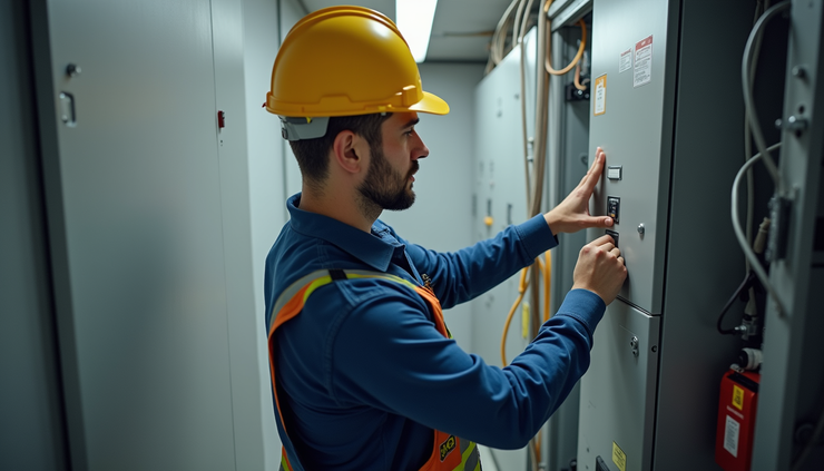 High angle view of a licensed electrician inspecting an electrical panel during an upgrade