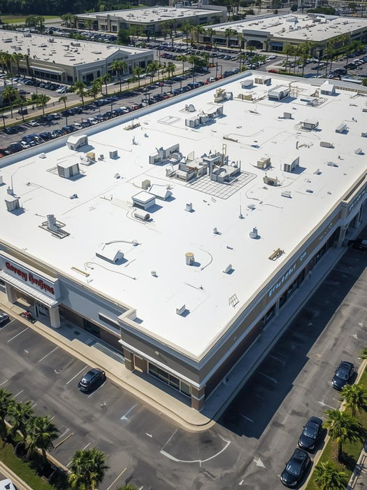 Aerial view of a large commercial building with a white flat roof.