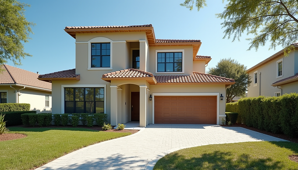 Elegant two-story home in Orlando showcasing recent improvements, featuring a stylish terracotta tile roof, well-maintained landscaping, and a spacious driveway.