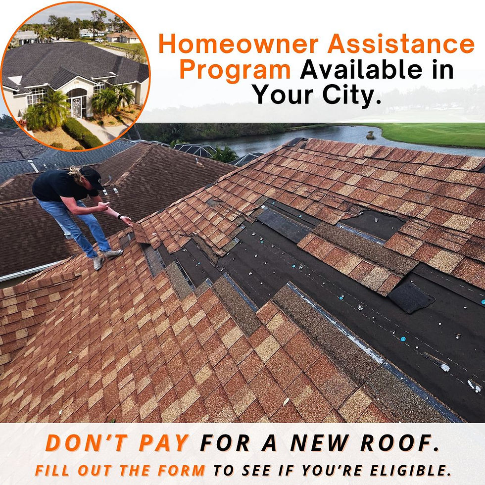 Person fixing a brown shingle roof. Text: Homeowner Assistance Program Available in Your City. Don’t Pay for a New Roof.