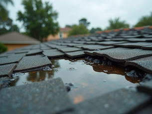 ynum Roofing emergency response truck arriving at Orlando home with storm-damaged roof for 24/7 repair service