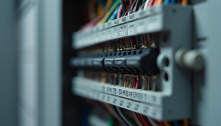 Eye-level view of a modern electrical panel with clear labeling and organized wiring