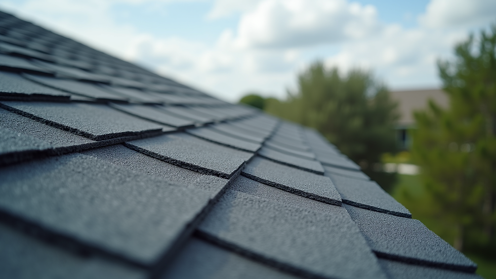 Close-up of grey roof shingles in soft focus, with a clear blue sky and blurred trees in the background, creating a calm atmosphere.
