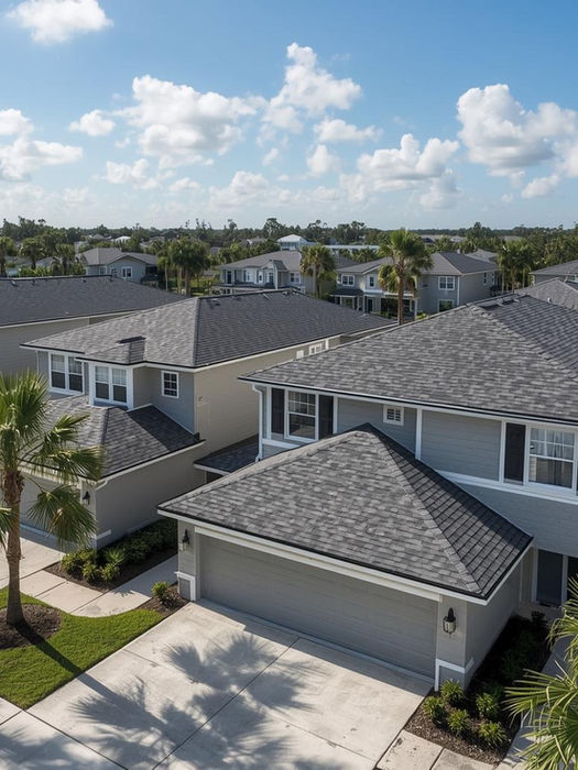 Aerial view of suburban houses with new gray roofs and palm trees.