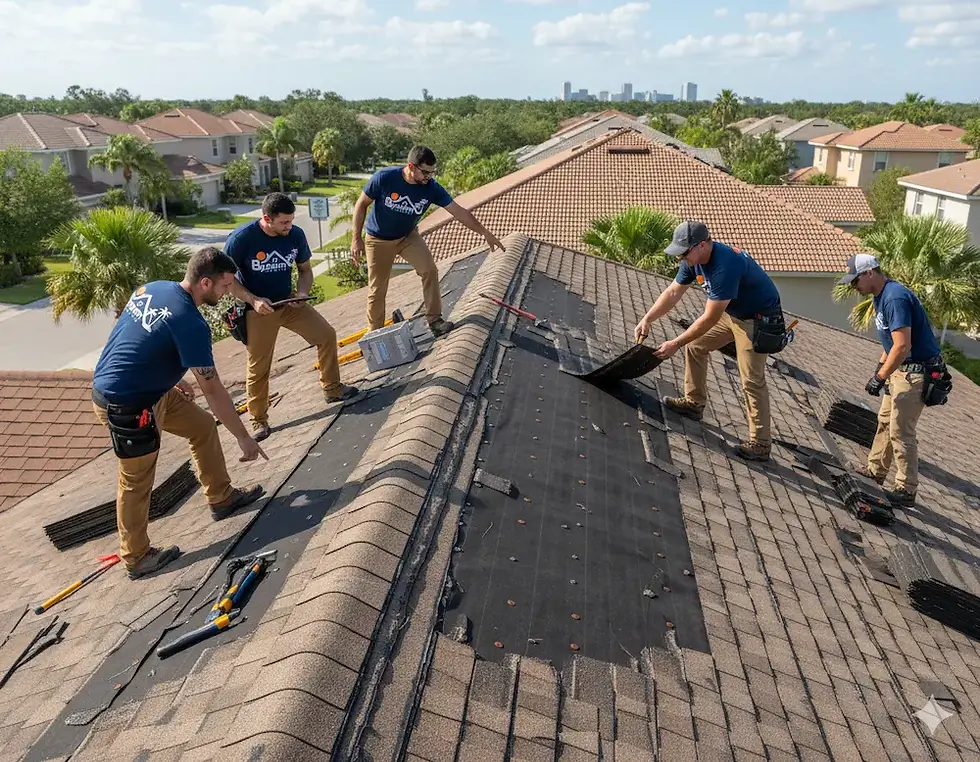 Roofers repairing a damaged roof on a house, roof repair orlando fl, BYNUM ROOFING