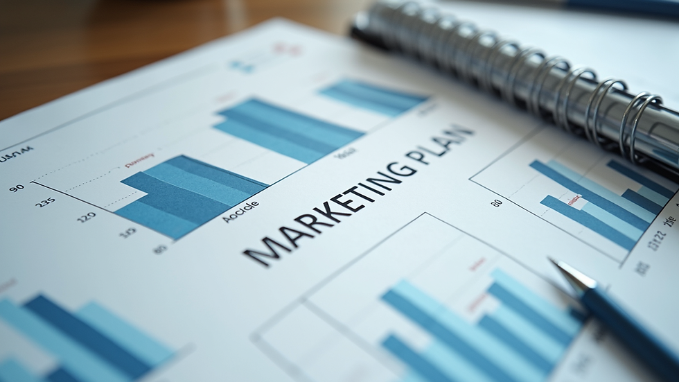 Close-up view of a marketing plan on a desk with charts and notes